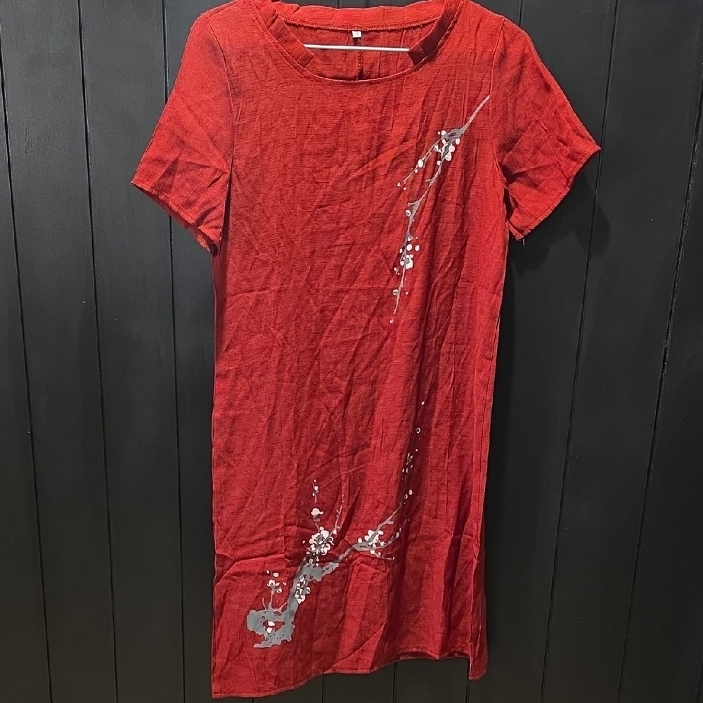 Red Short Sleeve Dress with Floral Design